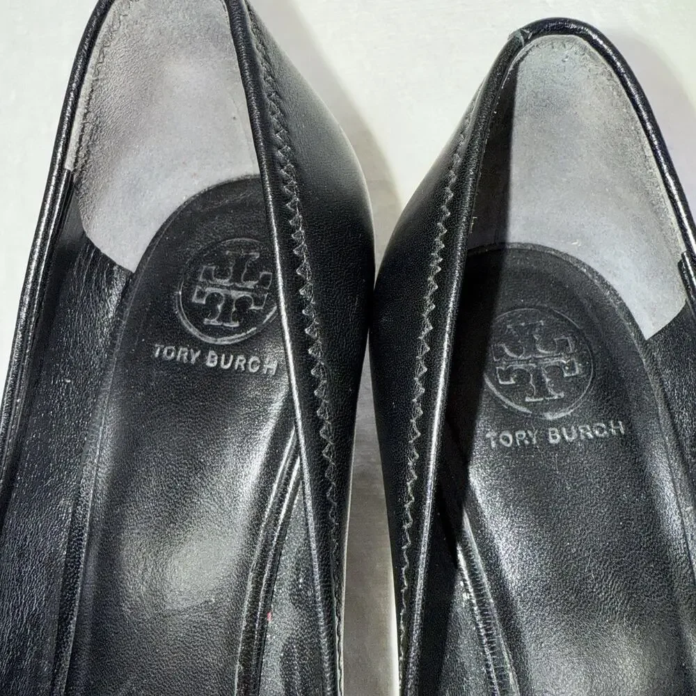 Tory Burch Jolie Peep Toe Black Leather Wedge Heel Preppy Career Formal Sz 9.5M